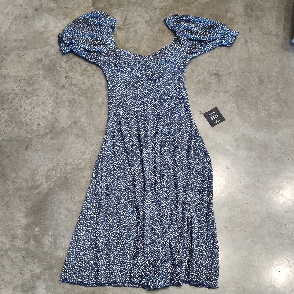 Blue and White Puff Sleeve Off the Shoulder Midi Sundress